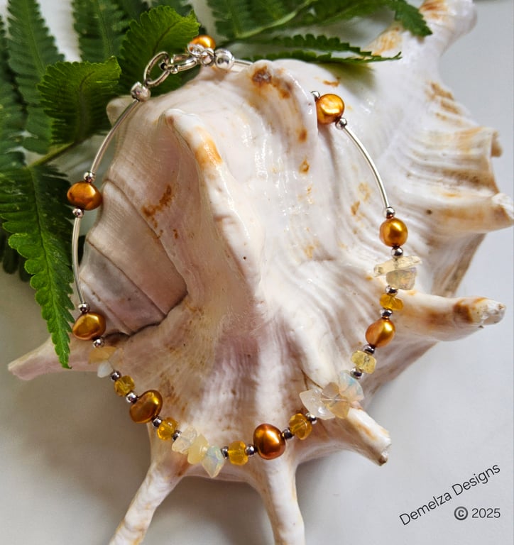 Ethopian Wello Opal Dainty Sterling Silver Bangle - Bracelet 