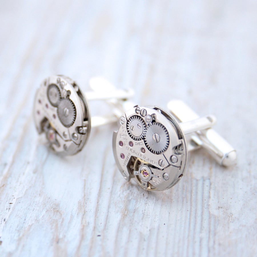 Modern Cufflinks with Steampunk watch mechanisms, Gift for Him