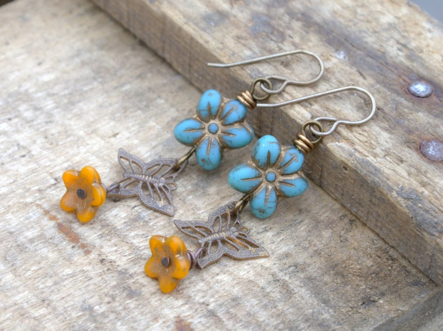 Brass Filigree Butterfly Earrings. Turquoise & Yellow Czech Glass Earrings
