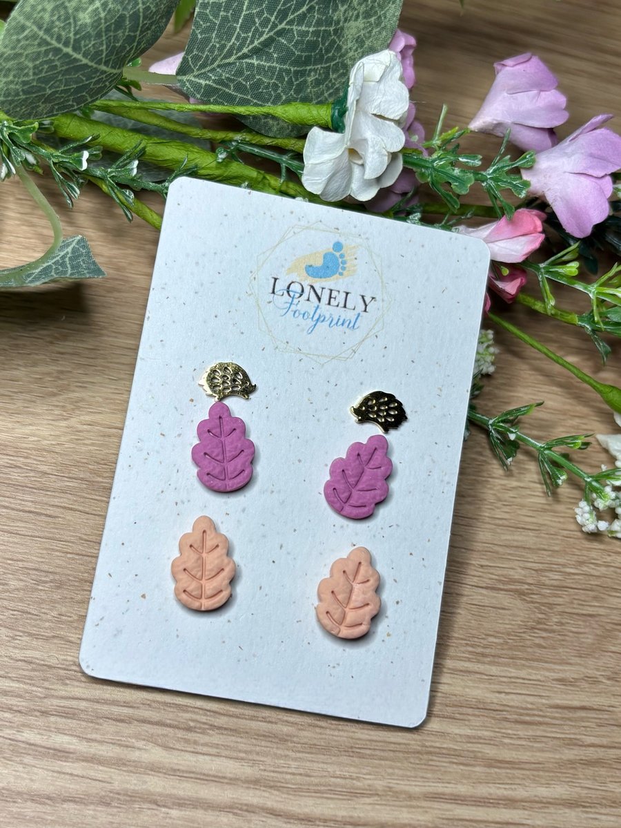 Oak Leaf and Hedgehog Polymer Clay Studs - Lightweight 