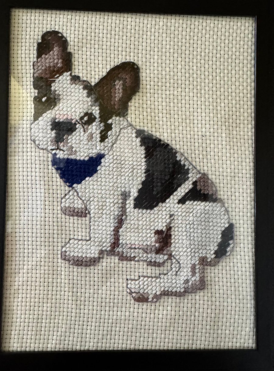 Hand made needlework of a French bulldog