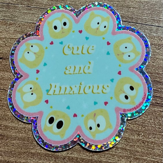 Cute and anxious cat glitter hologram sticker