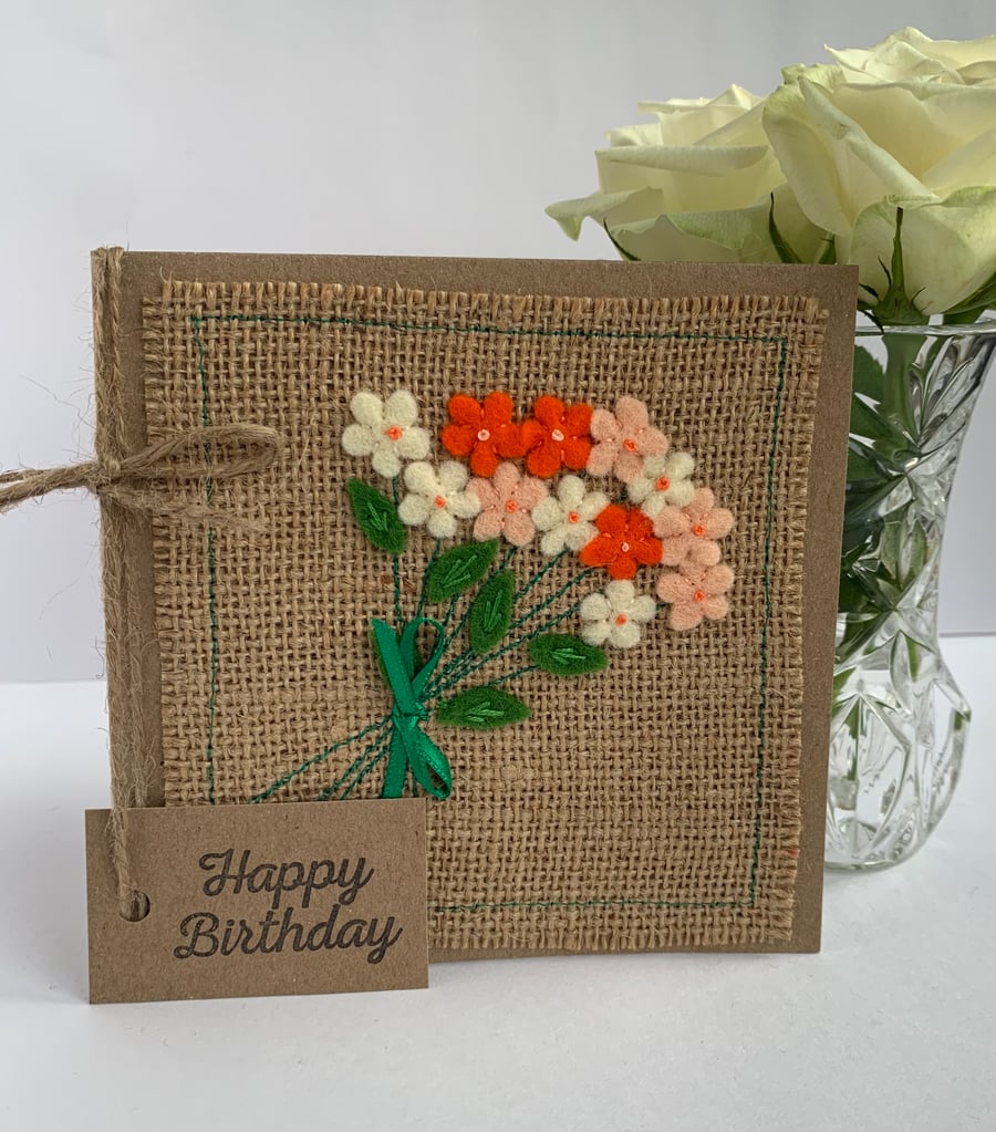 Handmade Birthday card. Peach and orange flowers, wool felt. Keepsake card.