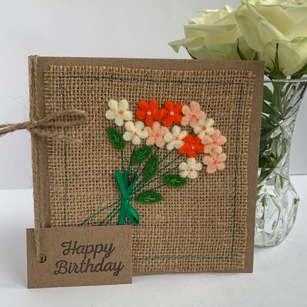 Handmade Birthday card. Peach and orange flowers, wool felt. Keepsake card.