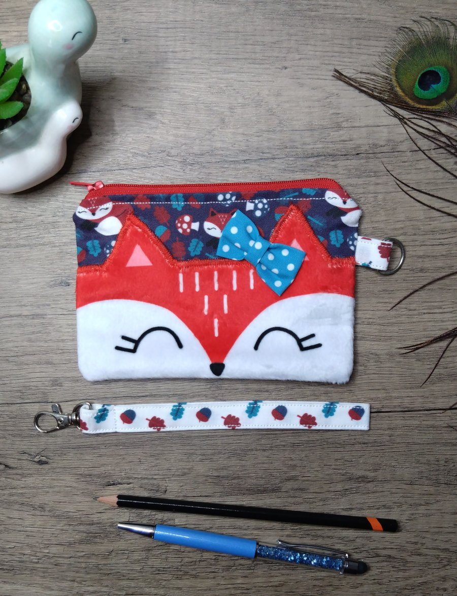 Cute fox animal zip purse with wrist strap