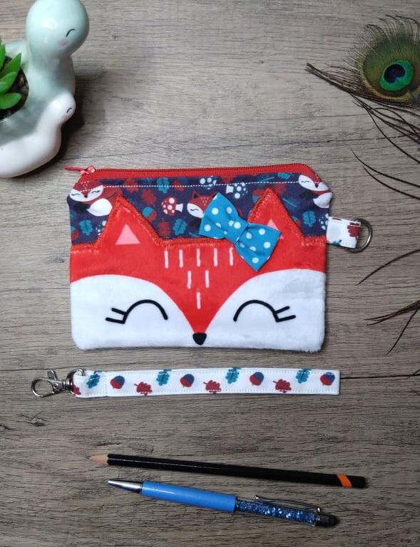 Cute fox animal zip purse with wrist strap