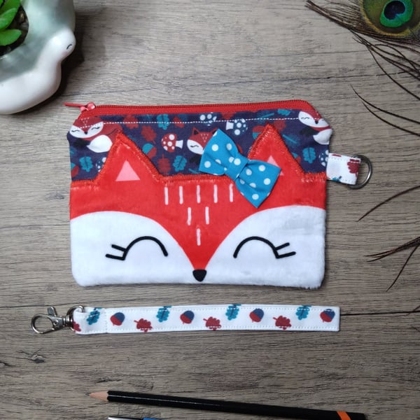 Cute fox animal zip purse with wrist strap