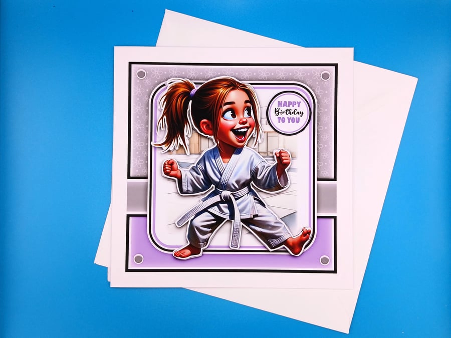Girls Handmade Karate Birthday Card, Decoupage
