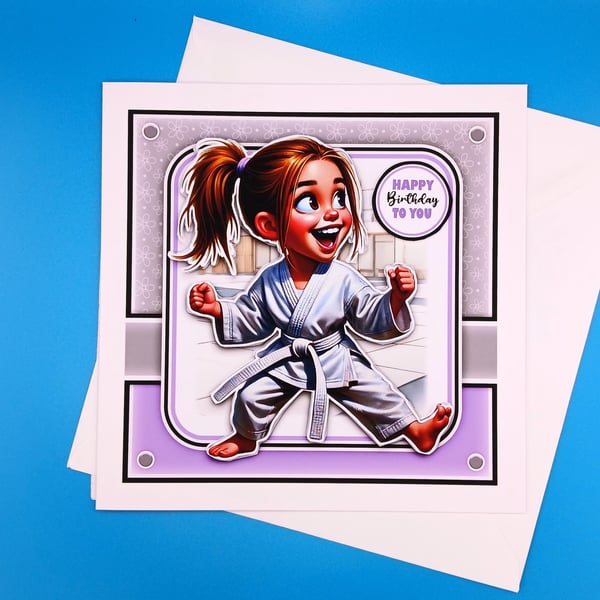 Girls Handmade Karate Birthday Card, Decoupage