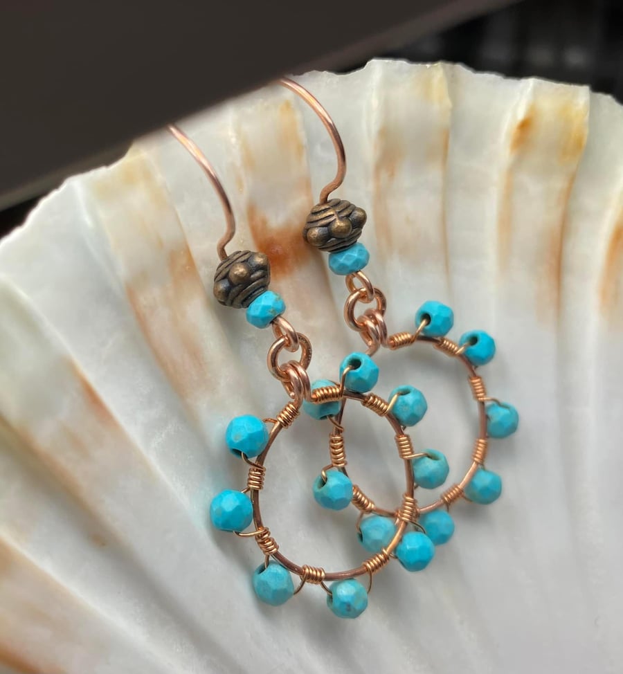 Handmade Copper and blue Howlite boho style dangly earrings