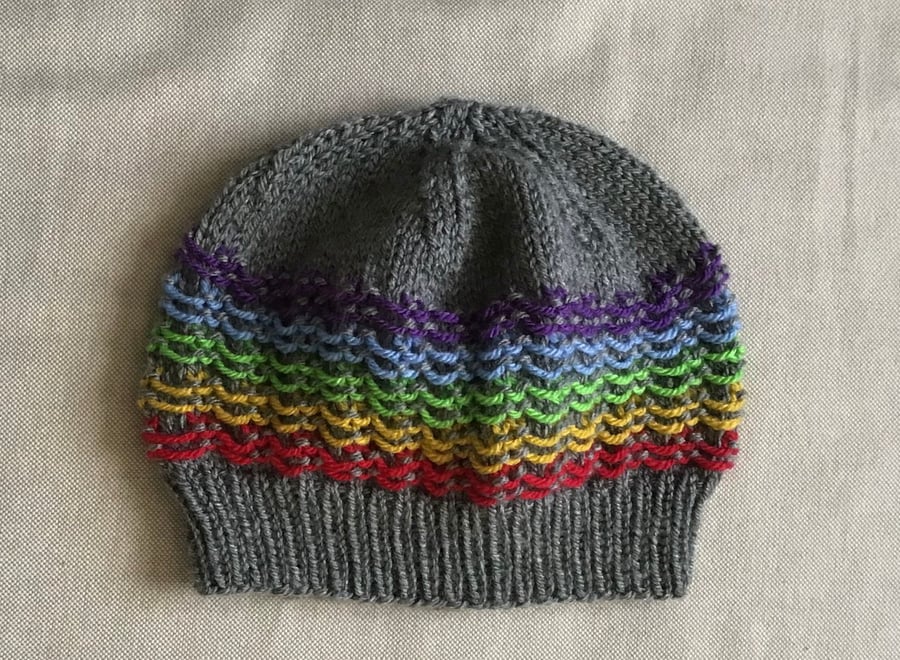 Rainbow beanie, hand knitted, grey