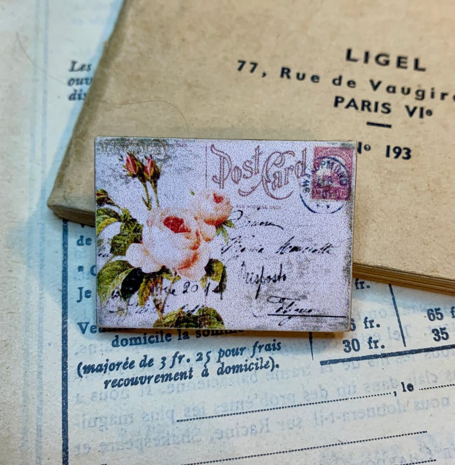 Vintage Ephemera Pink Roses Postcard Wooden Pin