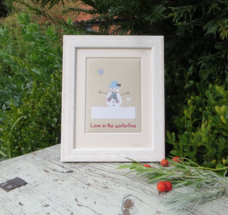 Love in the Wintertime hand-stitched framed miniature textile - so romantic!
