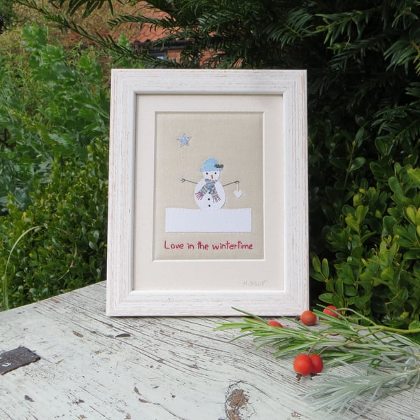 Love in the Wintertime hand-stitched framed miniature textile - so romantic!