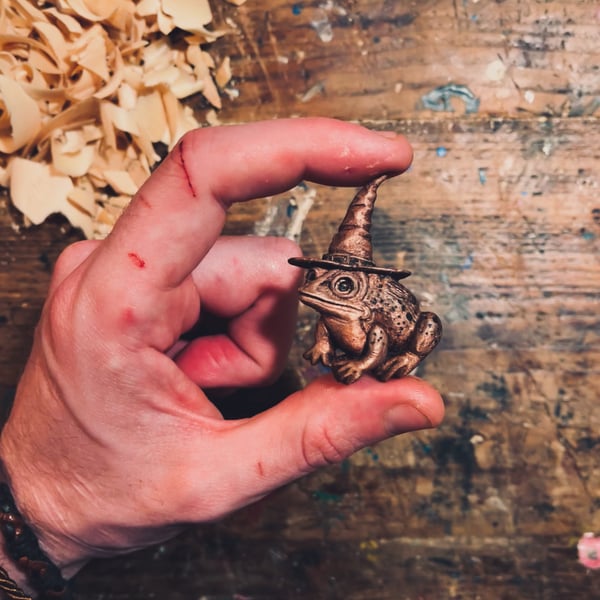 Hand Carved Wizard Toad Brooch Pin