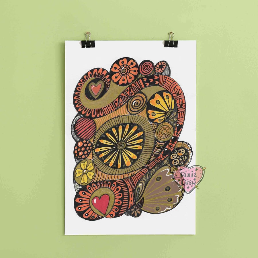 Orange Abstract Pattern Print, Hand Drawn Colourful Marker Pen Artwork