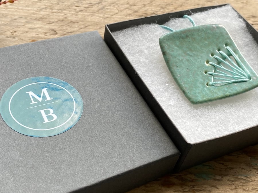 Statement Pendant Necklace Ceramic with Stitched Element Reduced