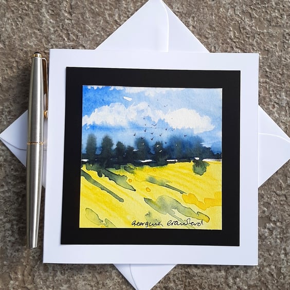 Handpainted Blank Card. Yellow Fields. Keepsake Gift.  Spring Colours
