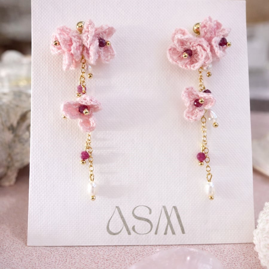 Crochet Flower Earrings Pink: Handmade, Bride, Bridesmaid, Gift, Birthday, Ruby,