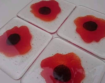 Fused Glass Poppy Coasters, Handmade, Glass Tiles, flowers