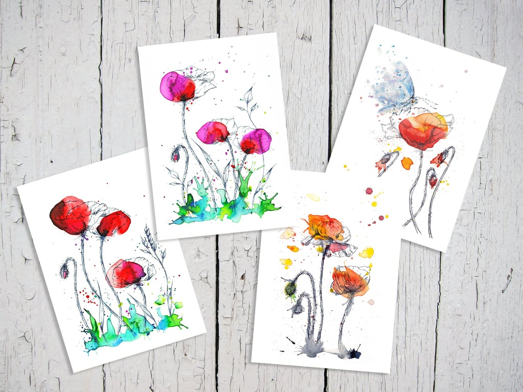 Poppy Art Cards, flower card, butterfly card, premium quality, set of 4