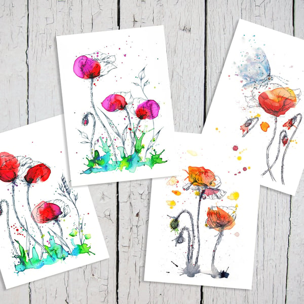 Poppy Art Cards, flower card, butterfly card, premium quality, set of 4