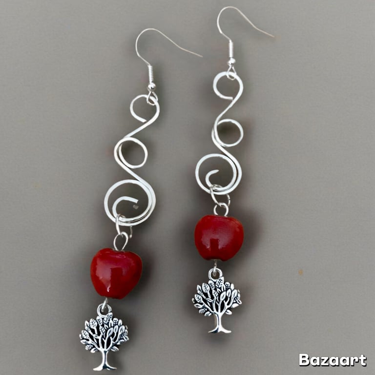 Earrings- Vibrant Red Ceramic Heart & Tree Charm - Boho style, Freepost
