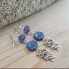 Czech Glass Flower & Owl Boho Style Triple Stone Dangle Earrings- Sapphire Blue