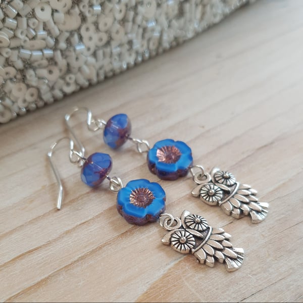 Czech Glass Flower & Owl Boho Style Triple Stone Dangle Earrings- Sapphire Blue