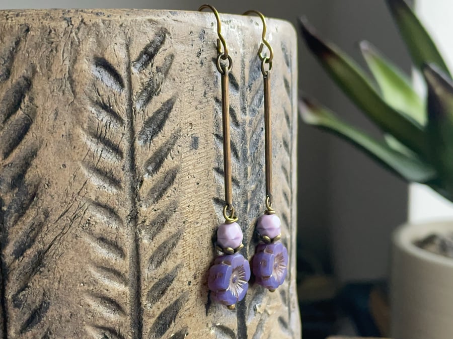 Flower Earrings. Purple Czech Glass Earrings. Long Bohemian Earrings