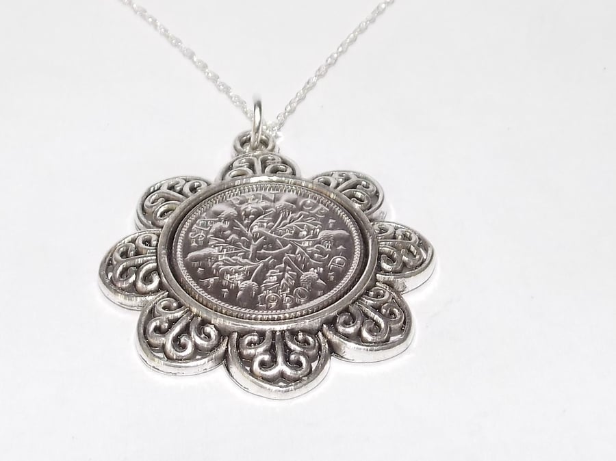 Floral Pendant 1930 Lucky sixpence 90th Birthday plus a Sterling Silver 18in Cha