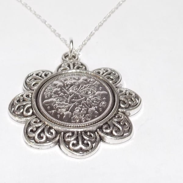 Floral Pendant 1930 Lucky sixpence 90th Birthday plus a Sterling Silver 18in Cha
