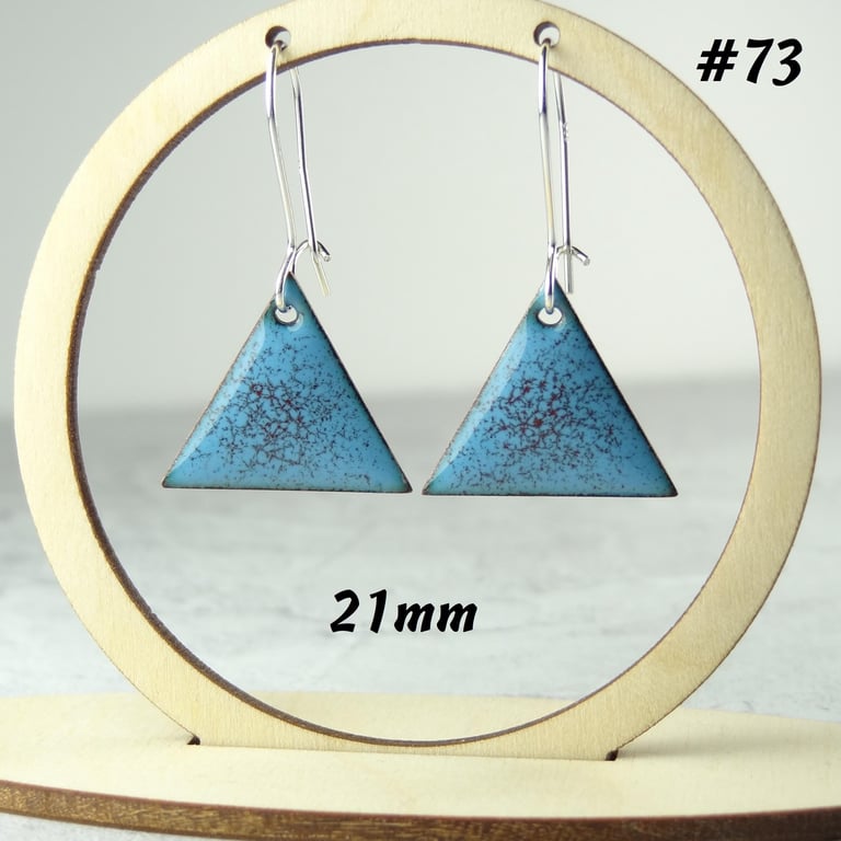 Blue with red speckles triangle-shaped glass enamelled copper drop earrings 21mm
