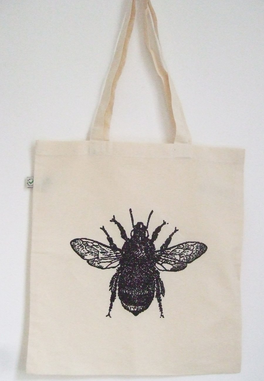 Bumble bee  natural organic cotton tote bag black bee print 