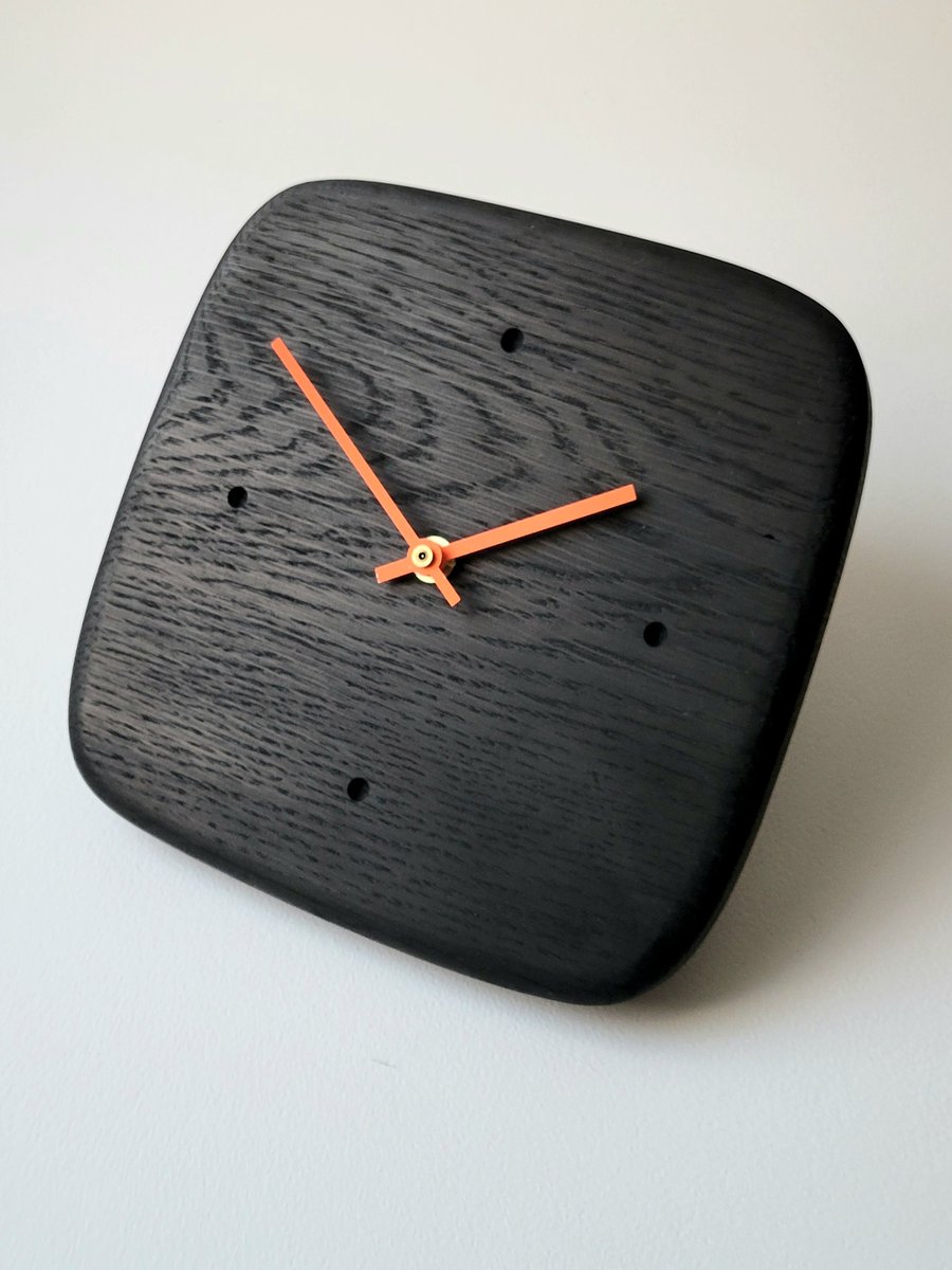 Wall Clock Square - Ebonised Black Oak & Orange Hands Dot Indicators