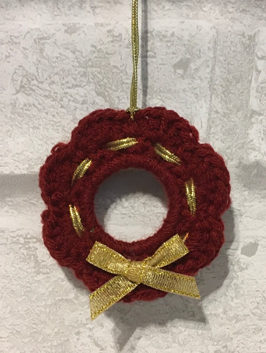 Deep Red Crochet Wreath Christmas Tree Decorations in acrylic yarn SALE 10% OFF