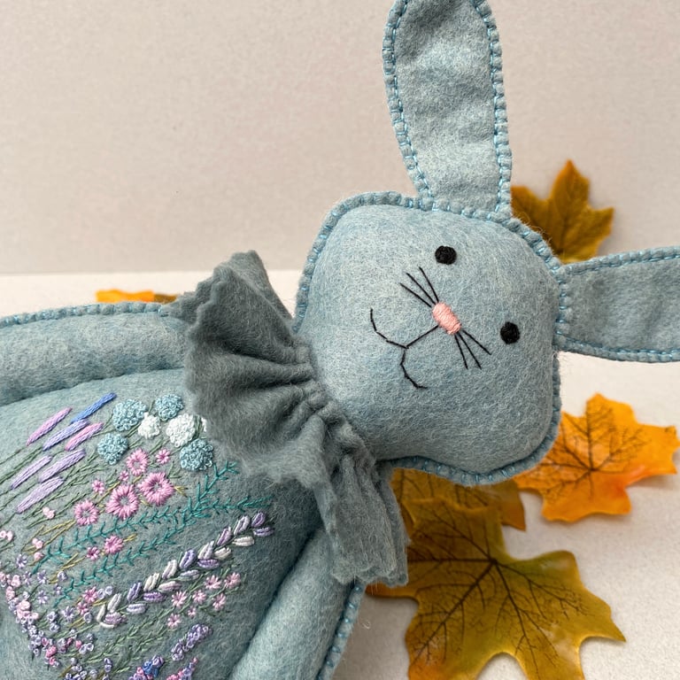 Wall hanging stuffed rabbit, hand embroidered felt bunny, hand sewn gift
