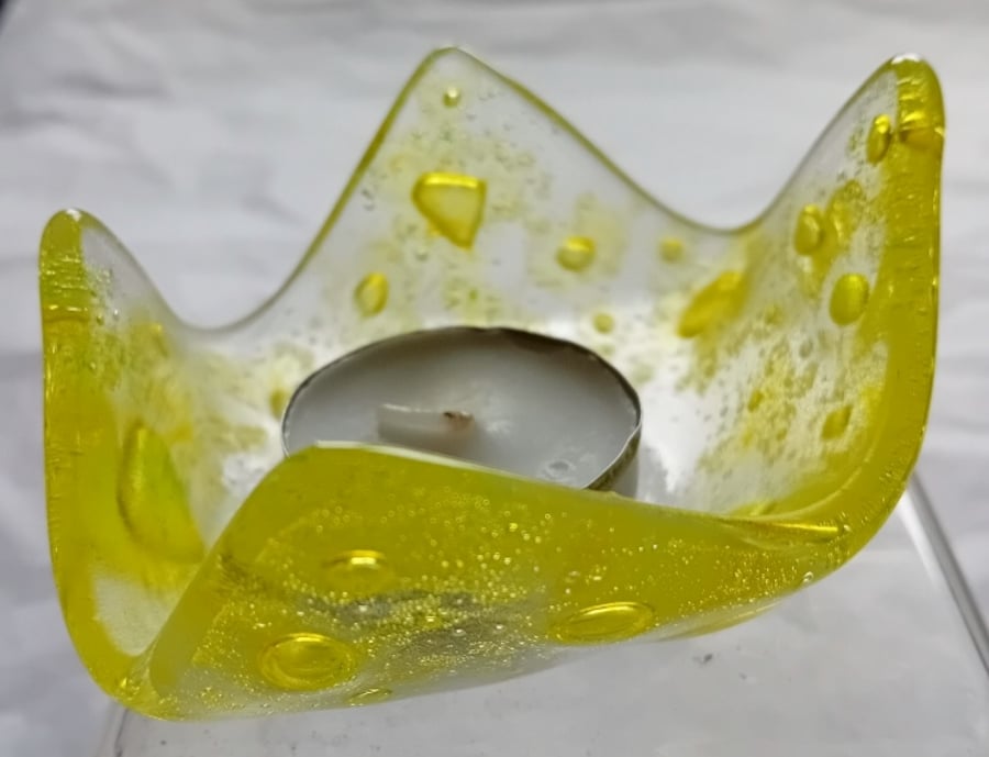 Fused glass votive candle or tea-light holder with lemon yellow bubbles