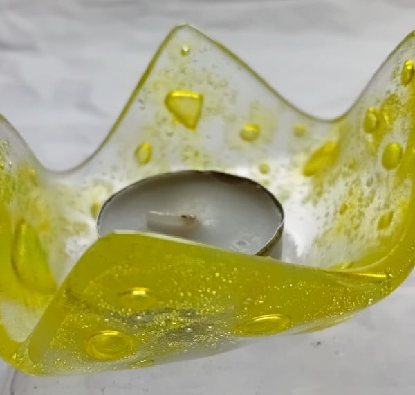 Fused glass votive candle or tea-light holder with lemon yellow bubbles