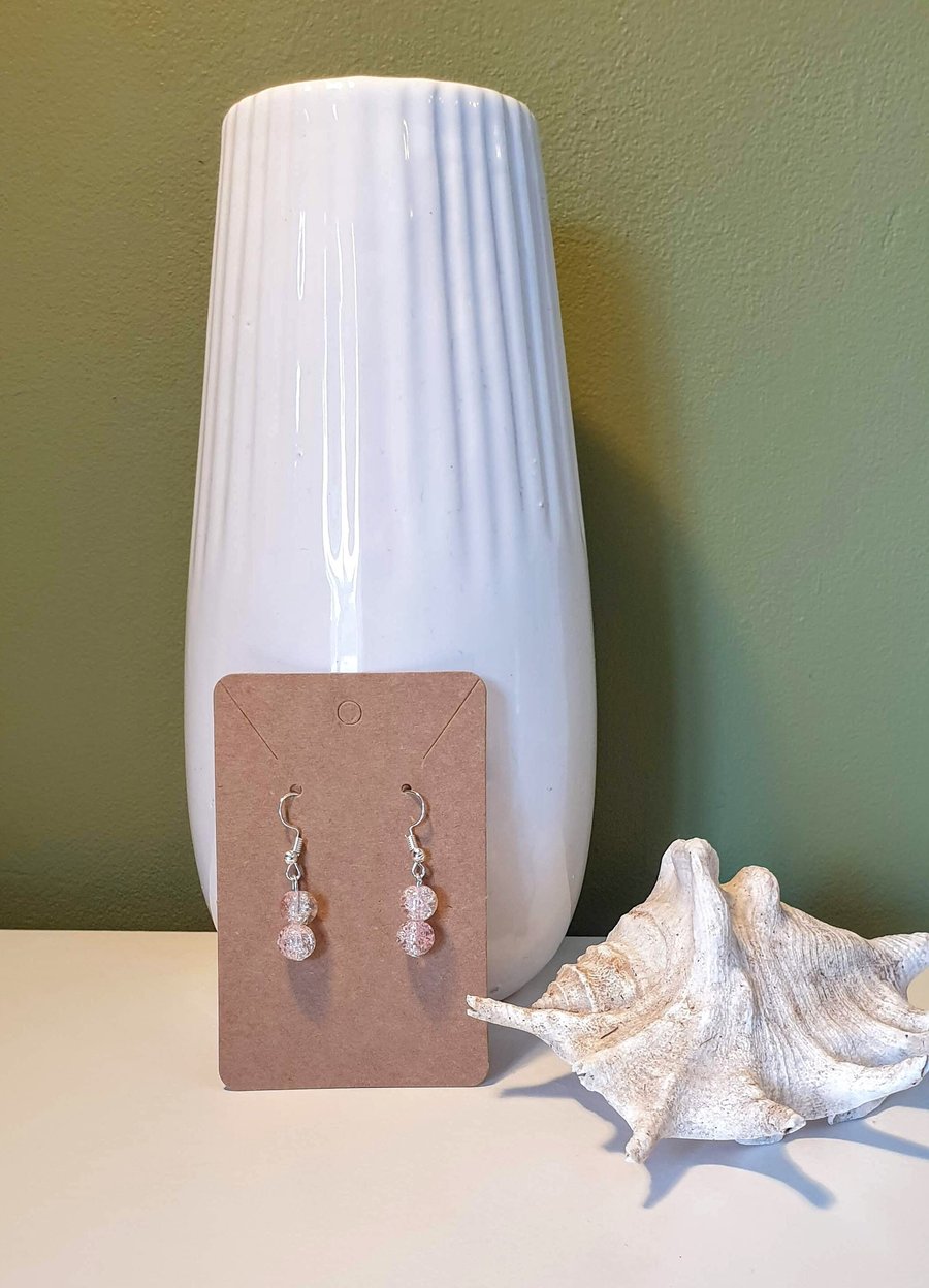 Double Bead Crackle Glass Pink-White Drop Earrings