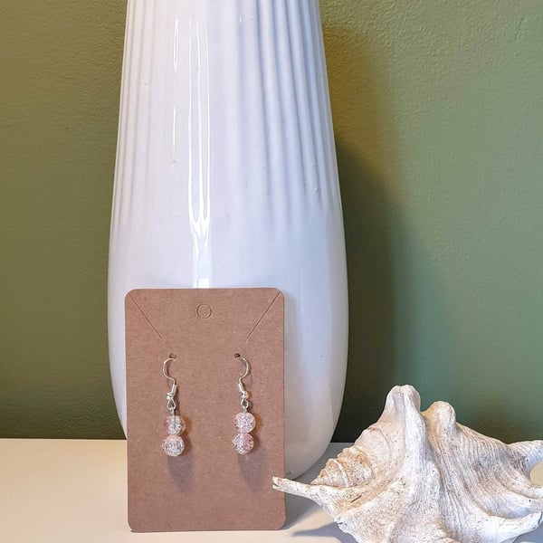 Double Bead Crackle Glass Pink-White Drop Earrings