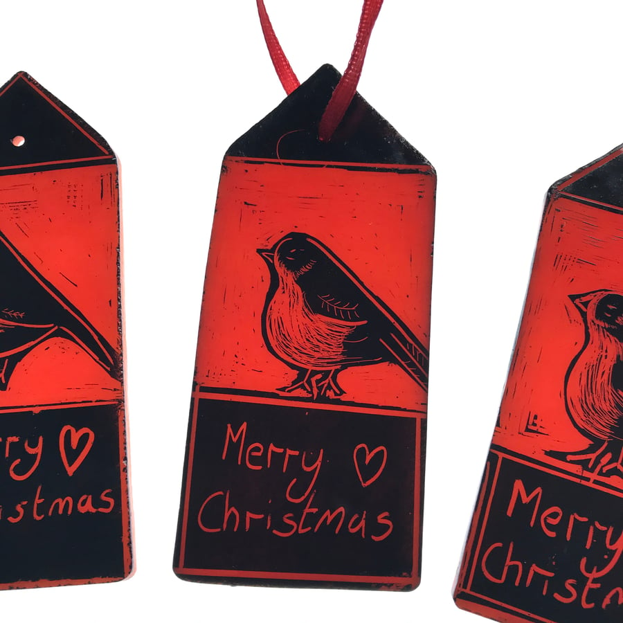 Stained glass christmas Robin hanging decoration, gift tag, red