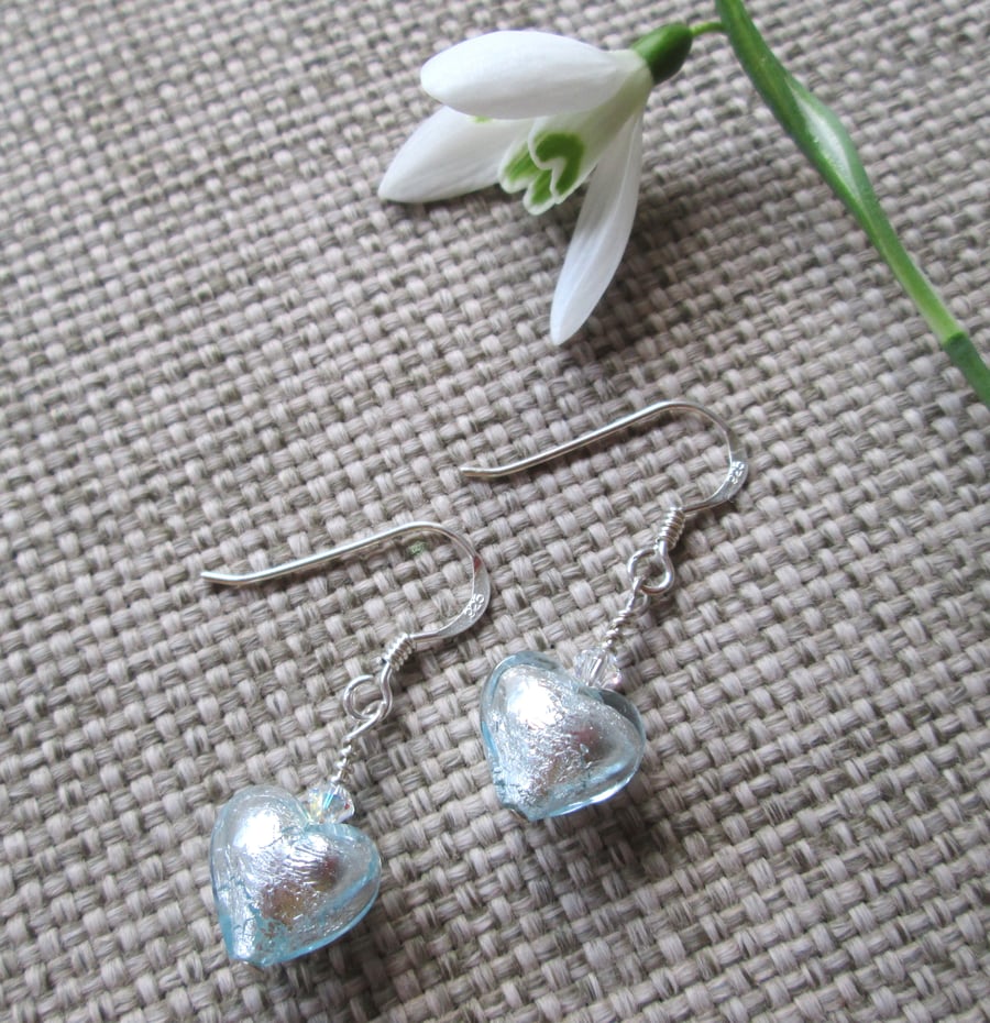 Pale Blue Murano Glass Earrings, with Swarovski crystal & sterling silver