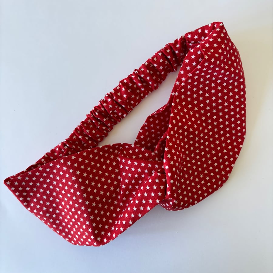 Cotton headband, twist knot style hairband in red with white stars