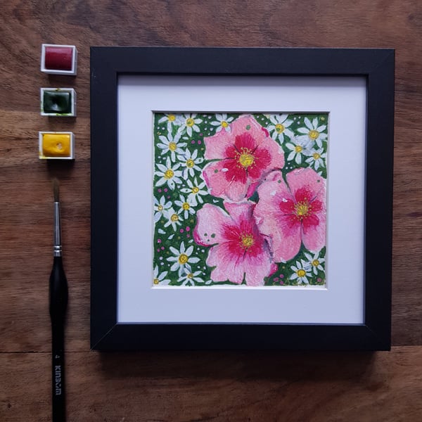 Whimsical Painting of Roses and Chamomile framed original artwork 