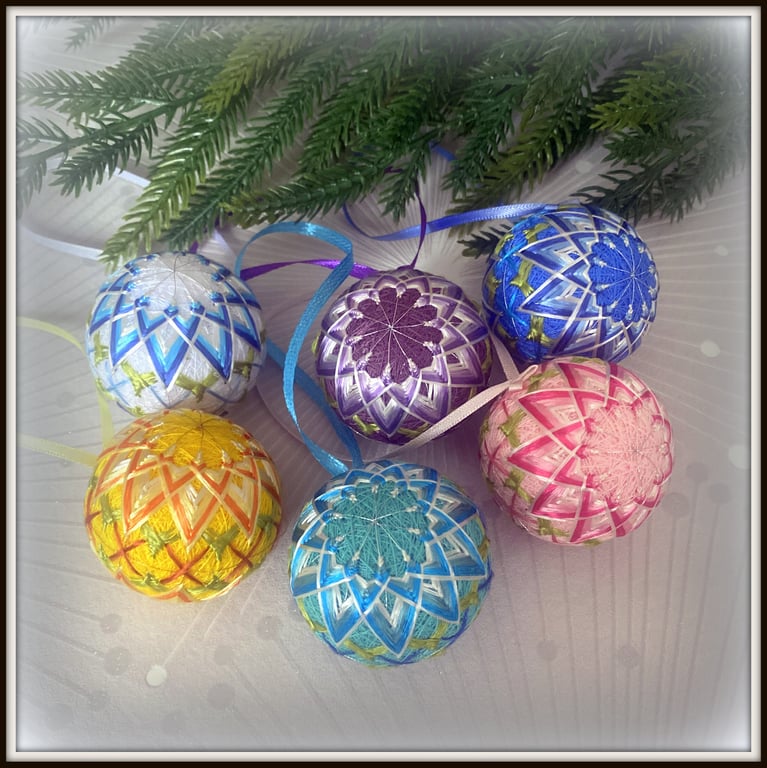 Handmade Christmas Mini Temari Ball Ornaments, Set of 6