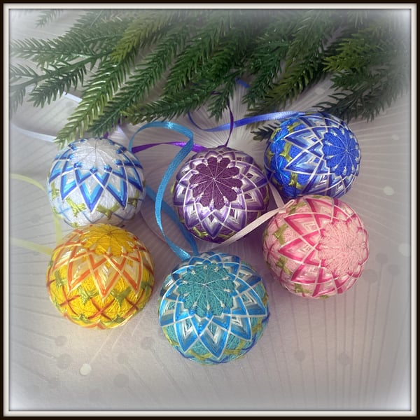 Handmade Christmas Mini Temari Ball Ornaments, Set of 6