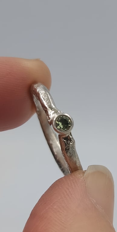 Hand Forged Green Sapphire Rustic Silver Ring - Size H