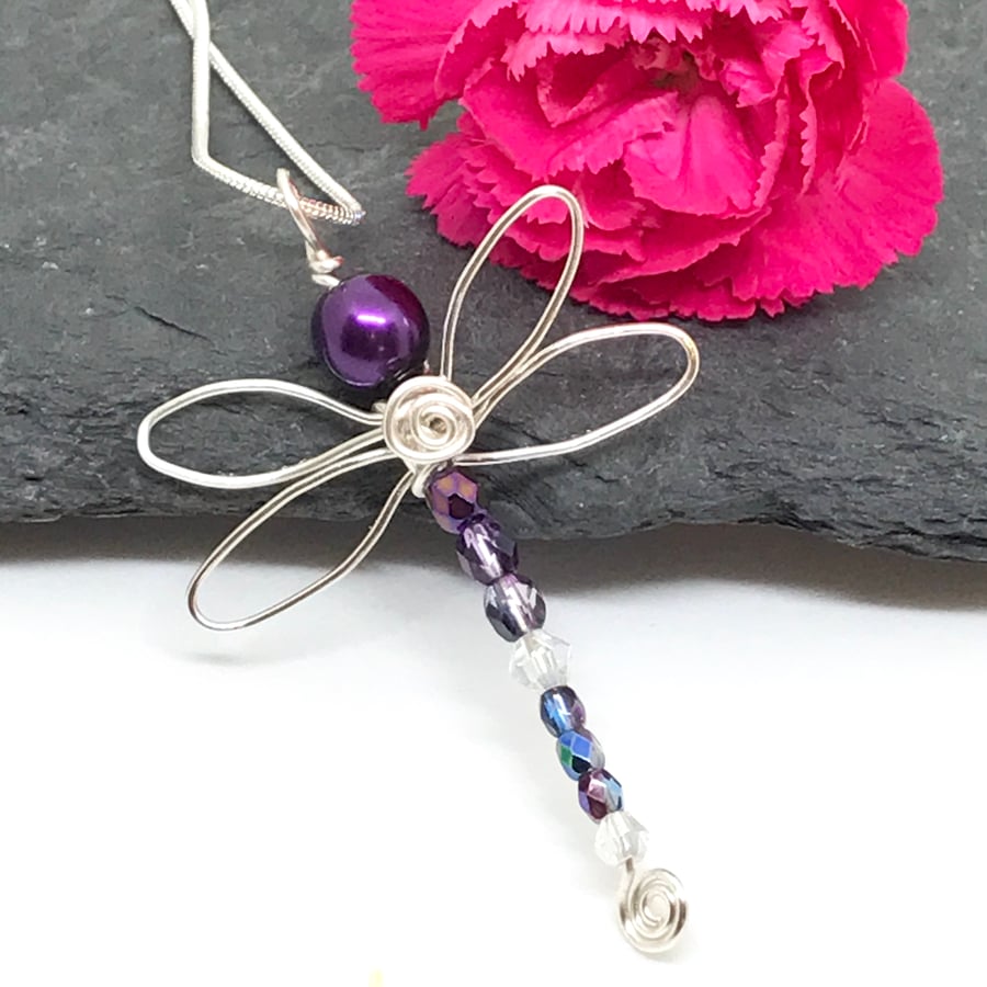 Purple Dragonfly Pendant, Silver Plated, Gift For Her