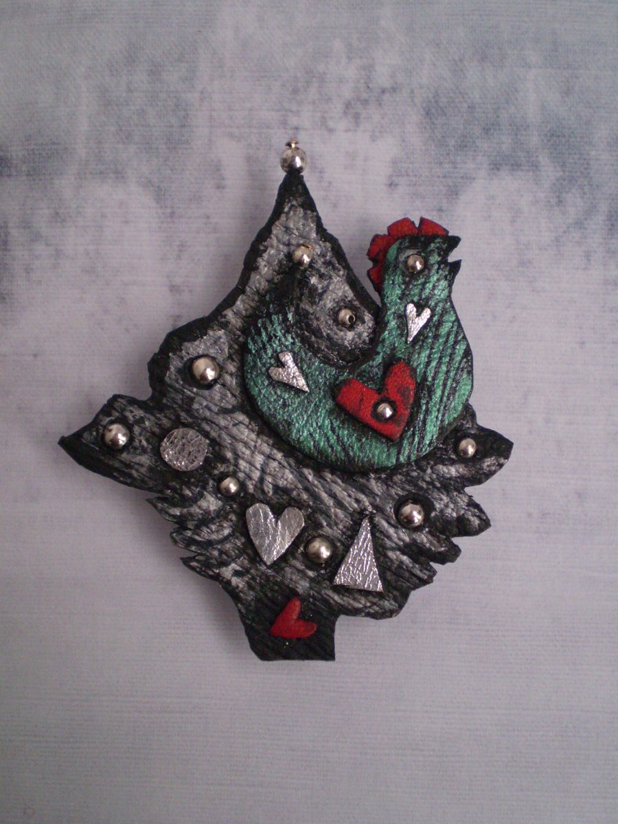 "Tra-la-la".. Tree .Brooch or Decoration in recycled leather